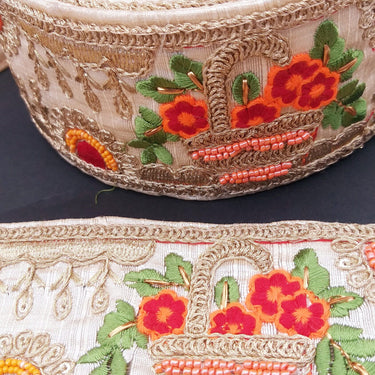 Beige Art Silk Fabric Trim With Green, Orange, Red And Gold Floral Embroidery